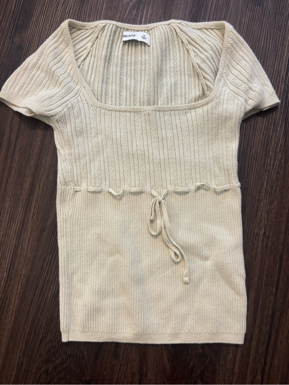 Hollister Cream Ribbed Short-Sleeve Knit Top with Drawstring